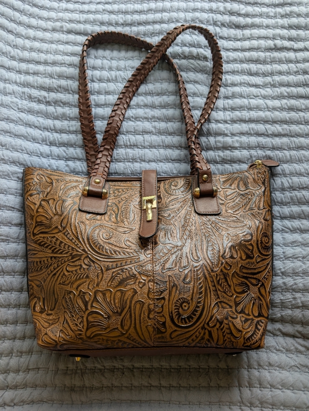 M.C. Hand-Tooled Floral Brown Leather Tote Bag